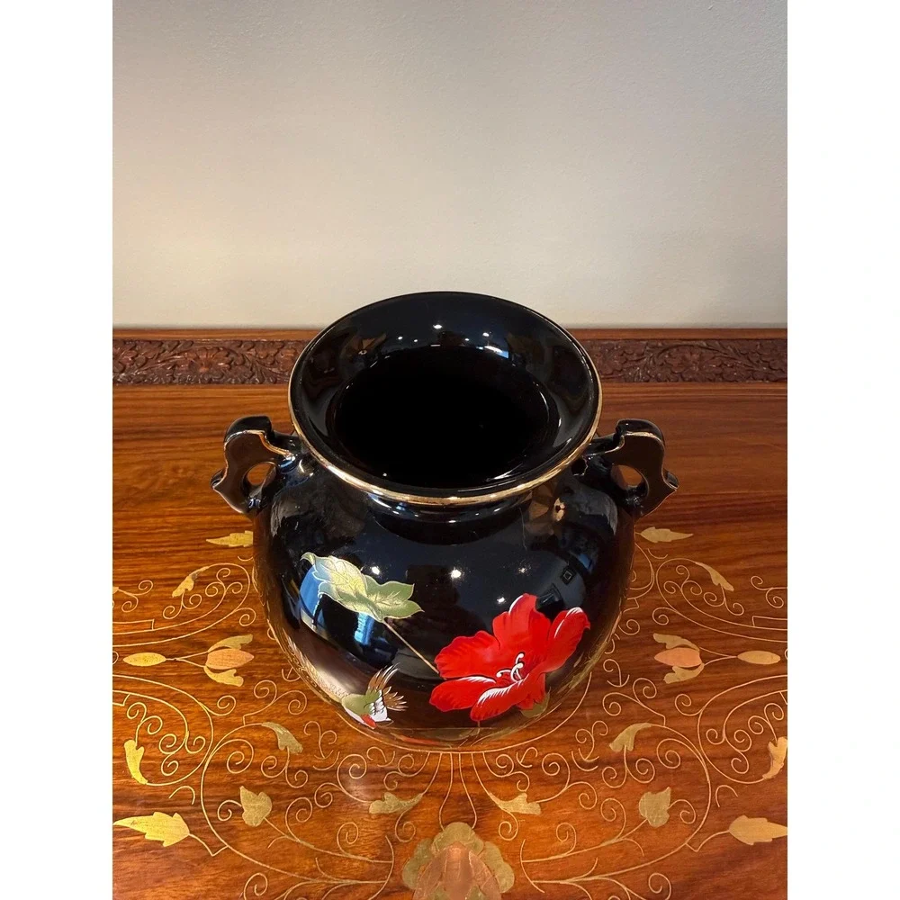 Vintage Japanese Black Ceramic Vase Hummingbird & Red‎ Blossom Motif
